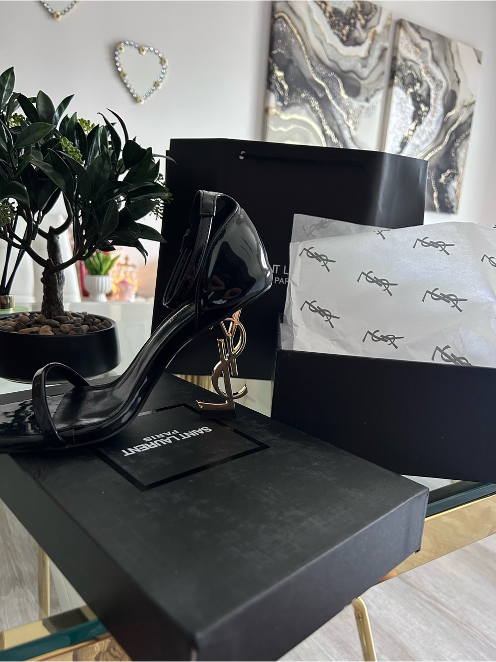 Saint Laurent Black Patent Logo-Heel Sandals with Gold YSL Heel - Picture 3 of 3